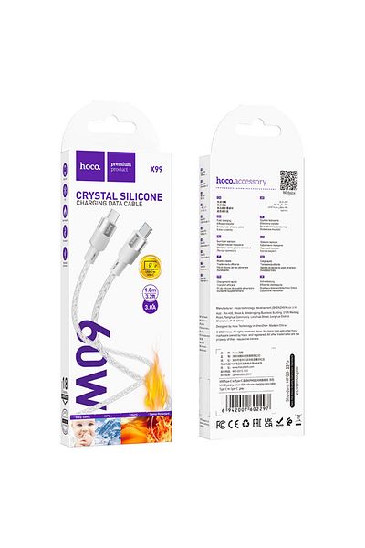REDz Accessories Hoco X99 Data Cable, Type-C to Type-C, Compatible with iPhone 15/16 and Android, Fast 60W, White