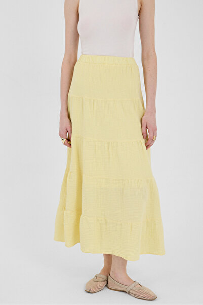 Rays Butter Yellow Linen Look 100% Cotton Layered Long Skirt 4801A
