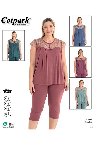 Cotpark Women's Plus Size Viscose Elastane Fabric Short Sleeve Capri Suit 14533