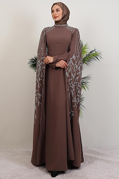 giz astore Kolları Taşlı Pelerinli Abiye Gül Kahve