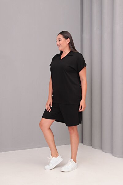 Şans Women's Plus Size Black, Low Sleeve Blouse, Waist Elastic Pocket Shorts, 2Pcs Set 65N39067