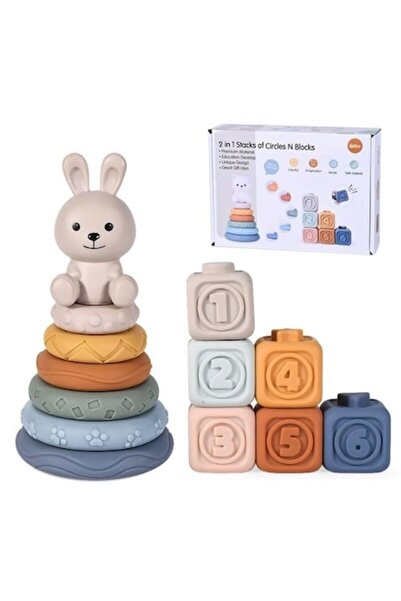 Mixbo Set 2 in 1 jucarii constructii si stivuire 3D Mixbo, silicon, cuburi si...