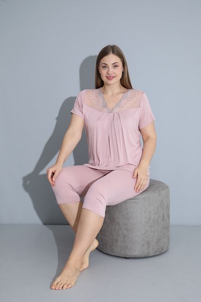 Cotpark Women's Plus Size Viscose Elastane Fabric Short Sleeve Capri Suit 14529-B