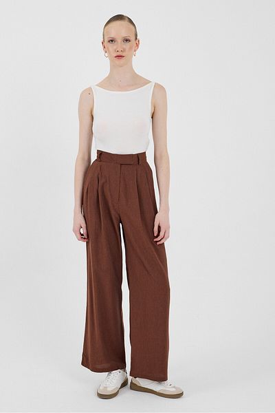 Rays Coffee High Waist Velcro Closure Detailed Cotton Palazzo Pants 8062A