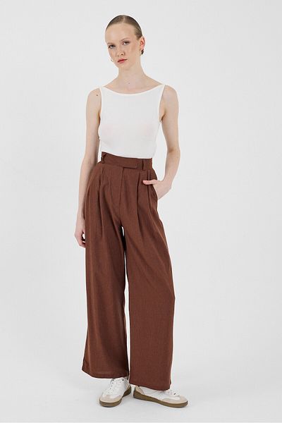 Rays Coffee High Waist Velcro Closure Detailed Cotton Palazzo Pants 8062A