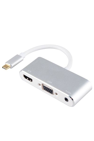 HOPE R 3 in 1 USB 3.1 type C hub to HDMI 4K, VGA, audio for Samsung, Mackbook, silver