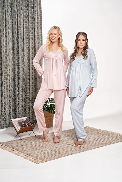 Lohussa Kadın Mavi Polar Sabahlıklı Özel Tasarım Kışlık Pamuk Hamile Lohusa Sabahlık Pijama Takımı Set
