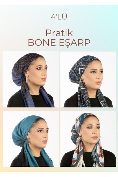 safura 4 Pack Practical Bonnet Scarf - Gradient and Geometric Patterns in Blue Tones