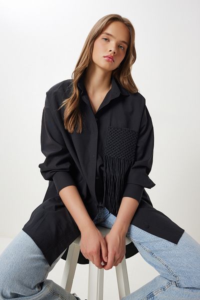 Lovelyİstanbul Tasseled Oversize Woven Shirt Lfg0067 Black