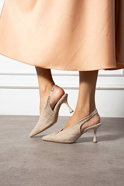 Güllü Shoes Beige Fabric Textured Button Detailed Slingback Thin Heeled Women's Stiletto