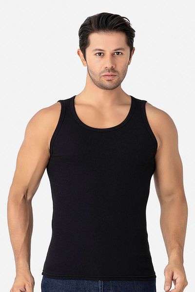 Arma Yıldız Men's Black Ribbed Undershirt Cotton Lycra Camisole Halter Neck Slim Fit Undershirt