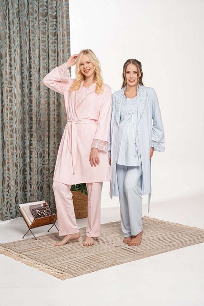 Lohussa Women's Powder Shawl Collar Special Design Lace Winter Cotton Maternity Maternity Dressing Gown Pajama Set Set