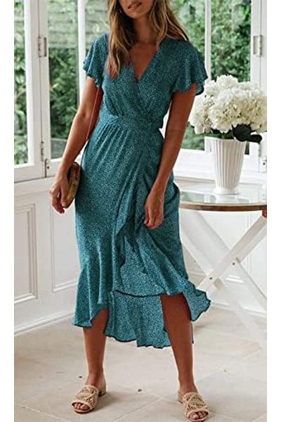 ZESICA Women's Bohemian V-Neck Split Wrap Dress