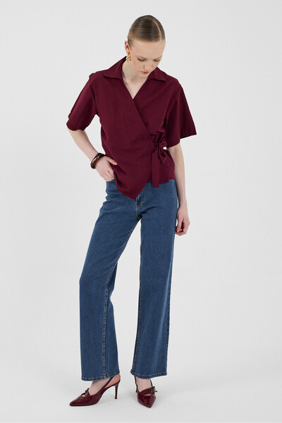 Rays Burgundy Short Sleeve Side Tie Detailed Blouse 8095A