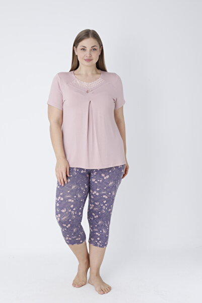 Cotpark Women's Plus Size Viscose Elastane Fabric Short Sleeve Capri Suit 14547