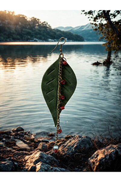Derili Dükkan Yeşil Yapraklı Deri Tasarım Küpe