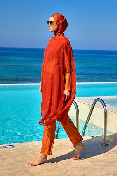 Marina Dark Orange Chiffon Kimono – Full Length Hijab Pareo over Beach and Pool P2516-2