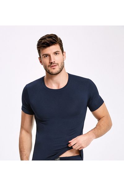 ROZELT Men's Navy Blue - Black - White Crew Neck T-Shirt 3-Piece Bamboo Lycra