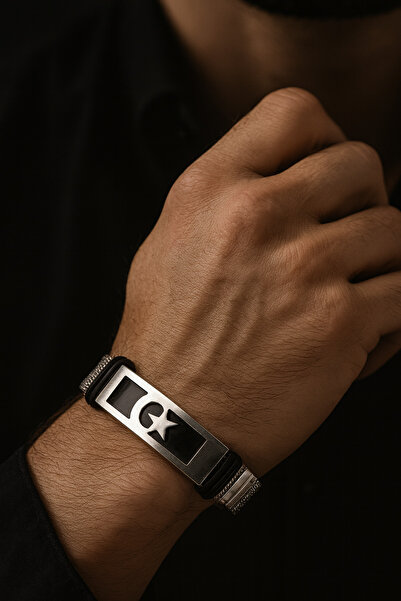 OSMANLI GÜMÜŞ Moon Star Turkish Flag Straw Model Men's Steel Bracelet