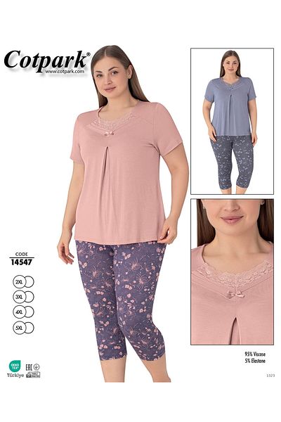 Cotpark Women's Plus Size Viscose Elastane Fabric Short Sleeve Capri Suit 14547