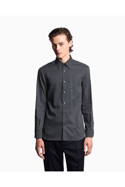 Emporio Armani Men's Stretch Cotton All Armani Eagle Logo Printed Regular Fit Long Sleeve Navy Blue Shirt Em0015