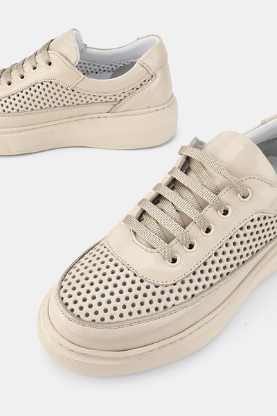 TUNAELLİ Women's Beige Patent Leather Genuine Leather 36-41 Number Lace up Flat Bottom Oxford Shoes
