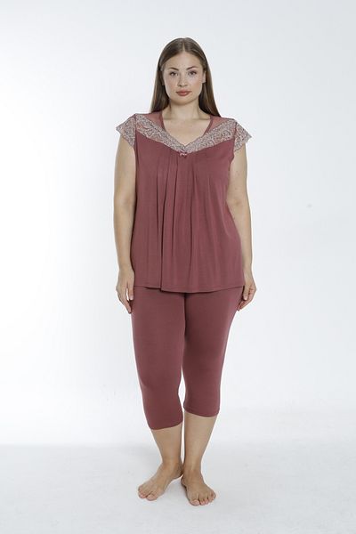 Cotpark Women's Plus Size Viscose Elastane Fabric Short Sleeve Capri Suit 14531-B