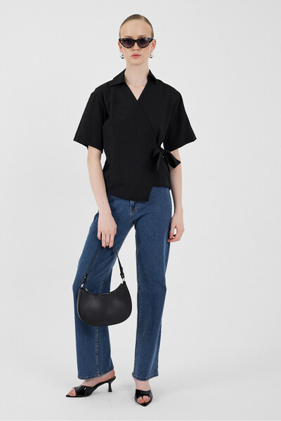 Rays Black Short Sleeve Side Tie Detailed Blouse 8095A
