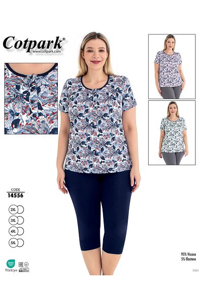 Cotpark Women's Plus Size Viscose Elastane Fabric Short Sleeve Capri Suit 14556