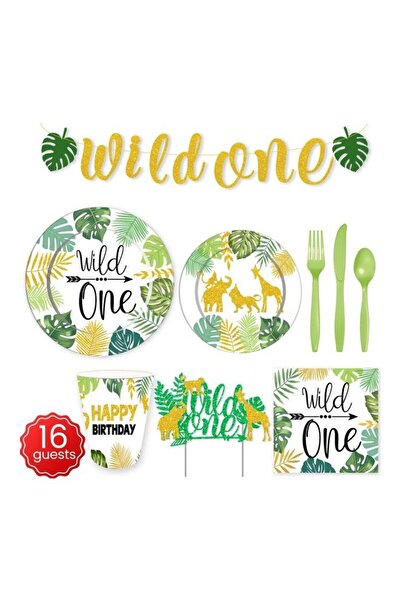 Raffine Goldedge 114-Piece Wild One Party Pack Tableware Cups Napkin Tissue Straws Plates Set 16 Guest