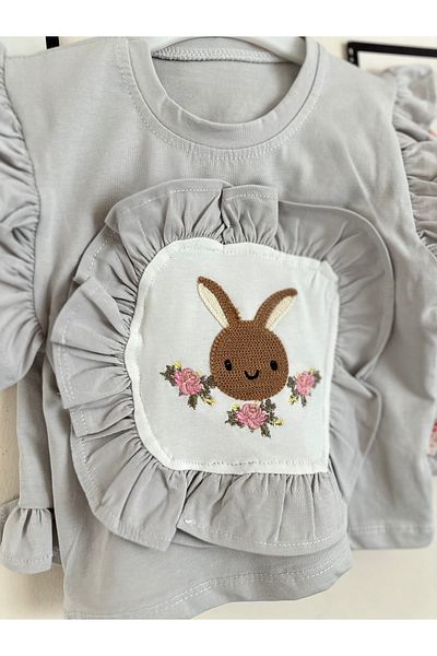 MODA Rabbit Embroidered Ruffle Girl's Set - Gray