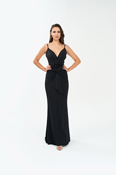 BDM Exclusive İnce Askılı Derin V Yaka Krep Astarlı Abiye Elbise