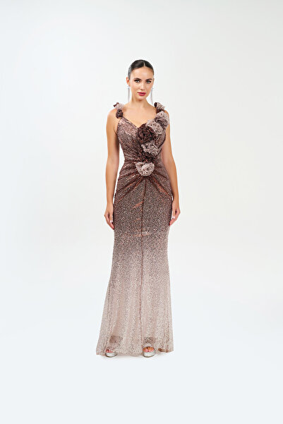 BDM Exclusive V Yaka Pul Payetli Kumaş Çiçek Aplikli Abiye Elbise