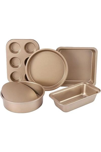 COOYA 5-Pcs Gold Nonstick Baking Set,Oven Bakeware With Bread,Muffin,Cake & Pizza Pans,Easy Clean