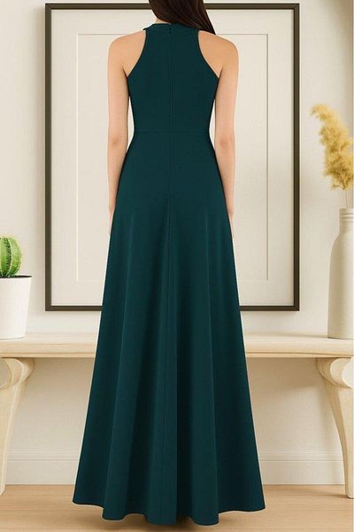 modamtn Women's Sleeveless Halter Neck Deep Slit Detail Full Length Imported Crepe Dress