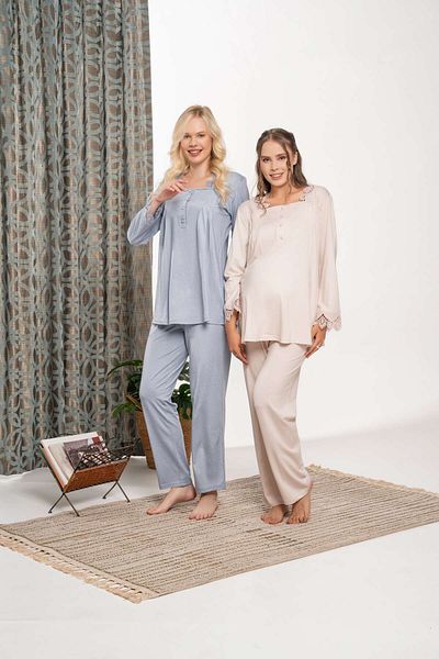Lohussa Women's Beige Woven Special Design Lace Cotton Maternity Maternity Dressing Gown Pajama Set Set