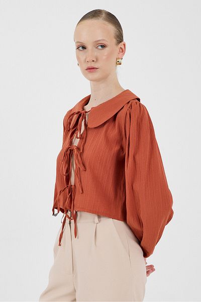 Rays Tile Binding Detailed Baby Collar Long Sleeve Blouse 8020A