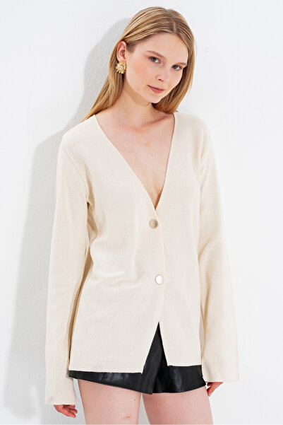 NATUFIAN STORE Kadın Ekru 2 Düğmeli V Yaka Kolu Yırtmaçlı Salaş Triko Hırka