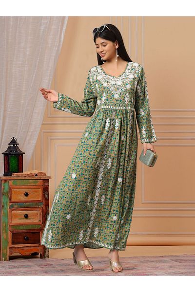 alaya Hand Embroidered Lucknowi Chikankari Printed Mulmul Cotton Jalabiya-AL3936