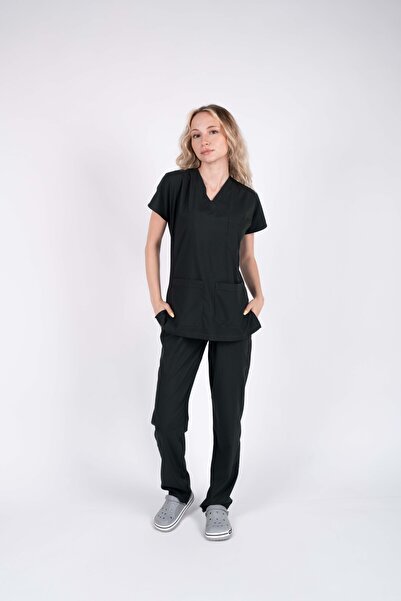 ACAR İŞ TEX Black Lycra Women's Nurse and Doctor Uniform Set Scrubs Hospital ...