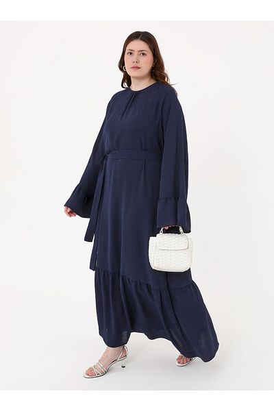 ALİA Plus Size Dress with Flounced Skirt and Tie Waist - Navy Blue -