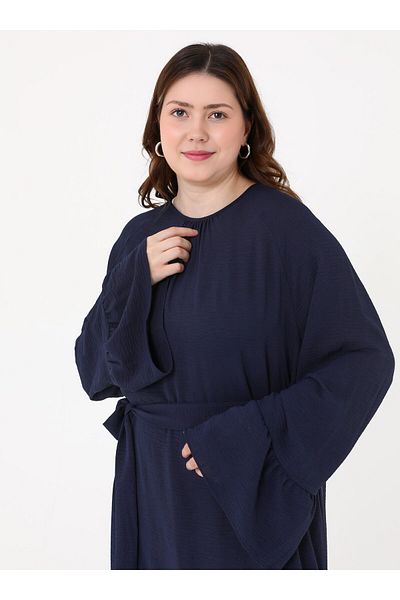 ALİA Plus Size Dress with Flounced Skirt and Tie Waist - Navy Blue -