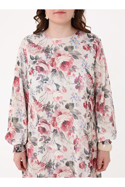 ALİA Kolağzı Gipe Detaylı Desenli Büyük Beden Elbise - Pembe Cicek Desen -