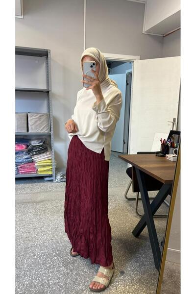 JESSE STORY Women's Burgundy Crinkle Skirt Wrinkled Fabric Maxi Skirt