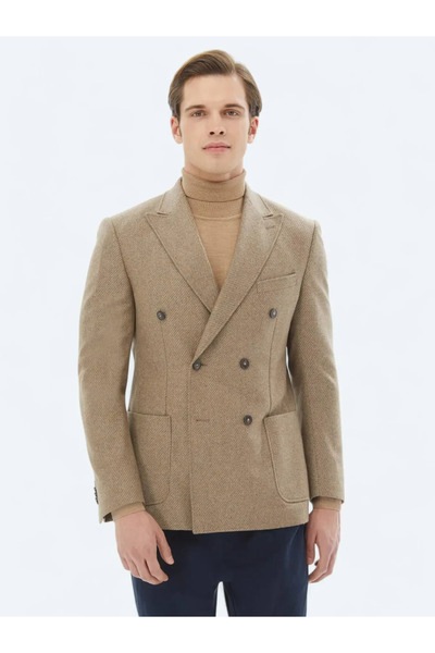 Kip Mink Patterned Modern Fit Eco-Friendly Wool Blend Jacket