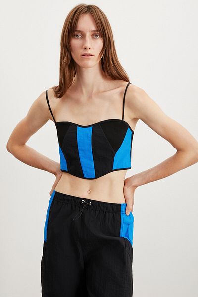 GRIMELANGE Colette Women's Parachute Fabric Rope Strap Color Block Zipper Detailed Crop Black - Saks Bustier