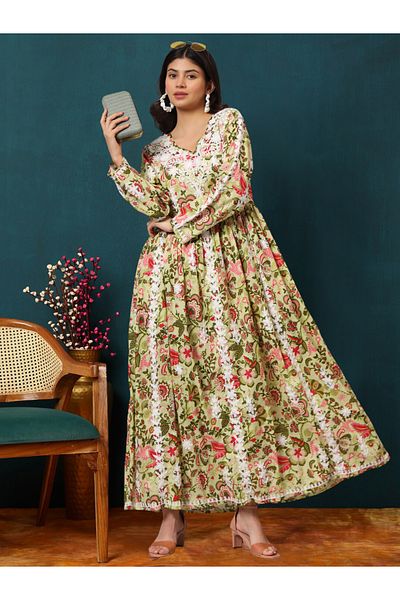 alaya Hand Embroidered Lucknowi Chikankari Printed Mulmul Cotton Jalabiya-AL3936