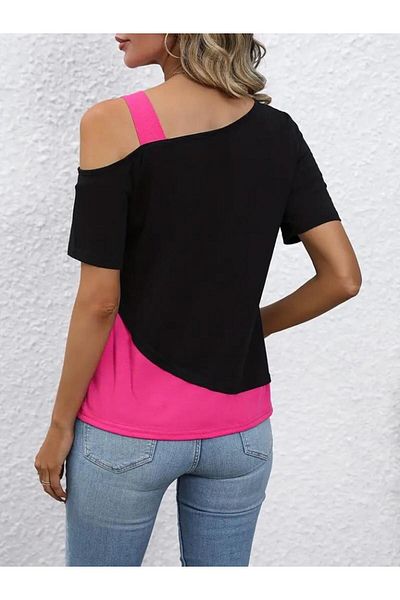 modamtn Women's Short Sleeve Single Shoulder Open Strap Detailed Viscose Blouse