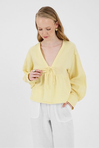 Rays Yellow 100% Cotton V-Neck Front Tie Detail Blouse 4784A