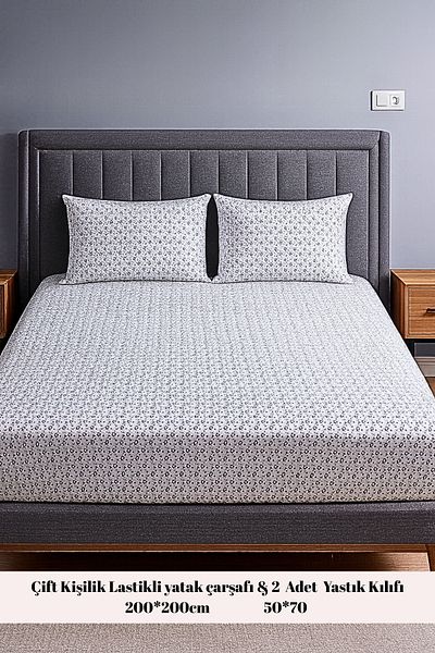 MixCotten Home Elastic Double Bed Sheet + 2 Pillows Patterned Poplin Fabric 160X200 cm and 50X70 cm